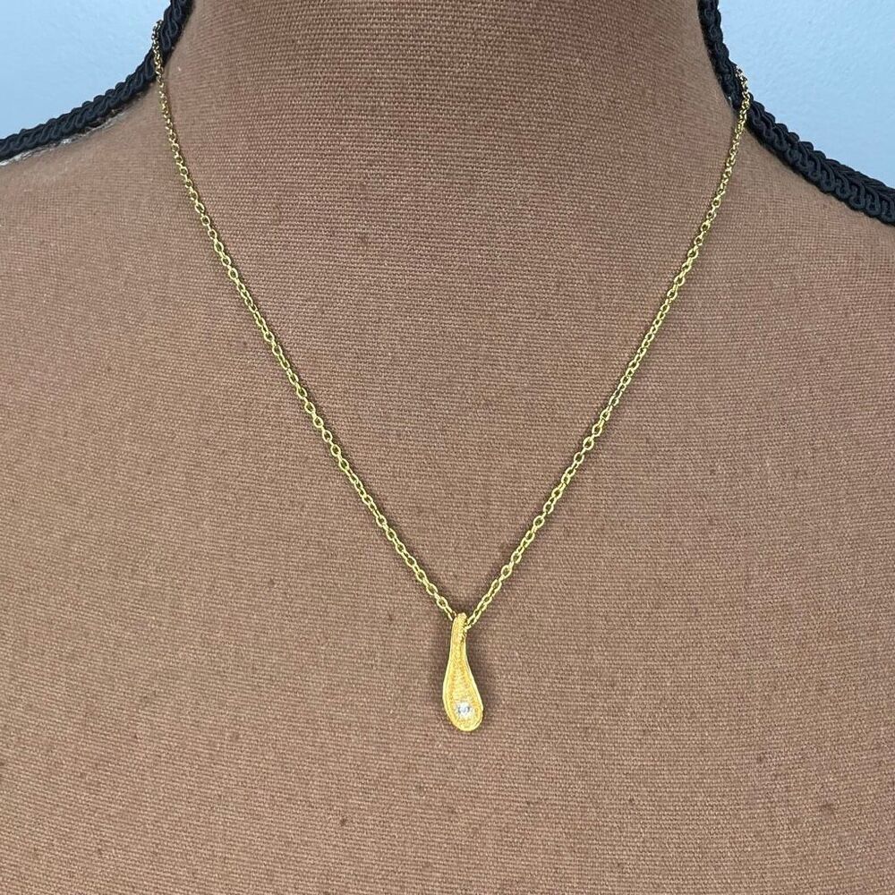 Vintage, Minimalist Gold Tone Teardrop Necklace Shaped Pendant, Crystal Accent